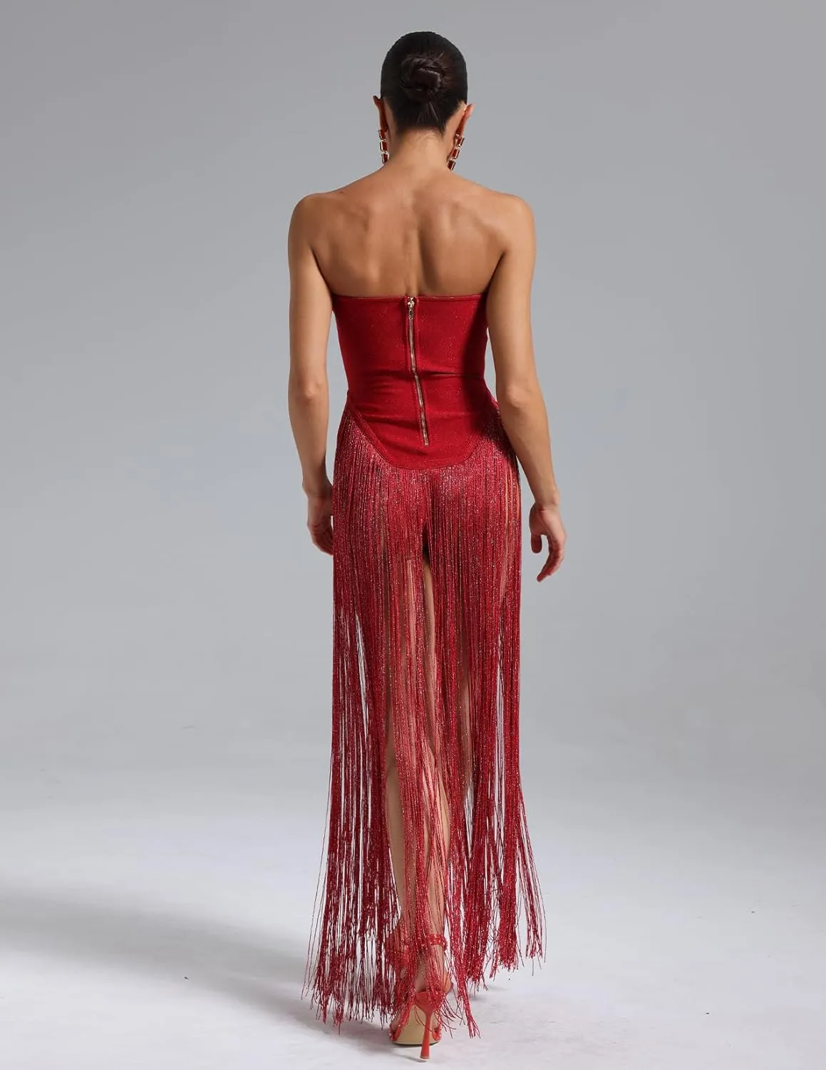 High Slit Fringe Dress Sparkly Red Strapless Dress Sexy Bodycon Dress