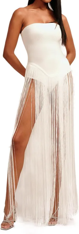 High Slit Fringe Dress Sparkly Red Strapless Dress Sexy Bodycon Dress