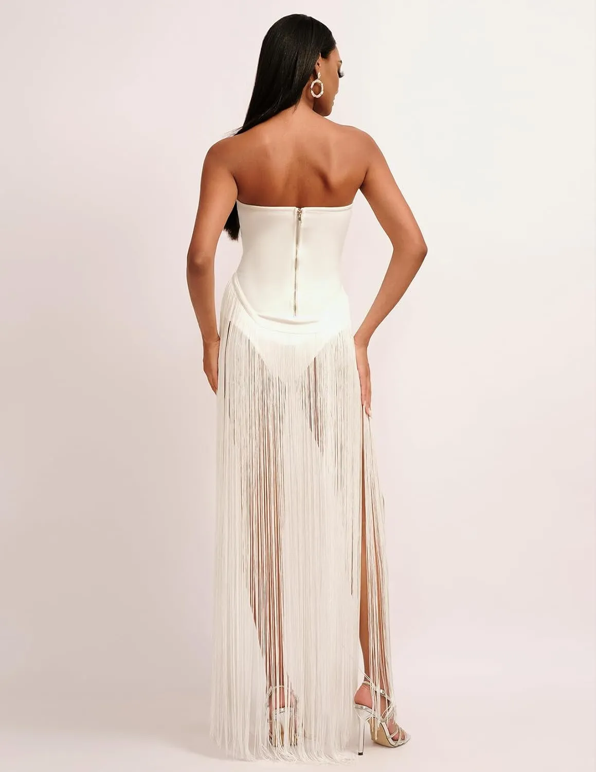 High Slit Fringe Dress Sparkly Red Strapless Dress Sexy Bodycon Dress