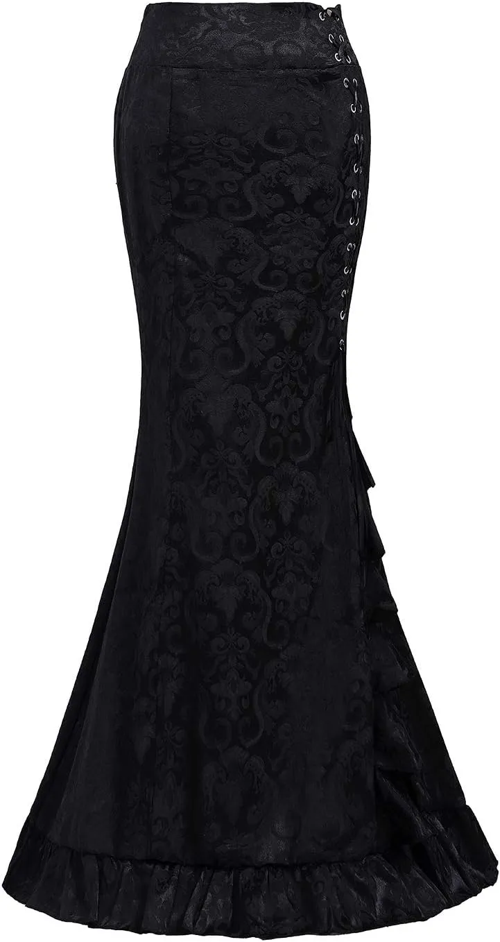 High Waist Vintage Bodycon Long Lace Mermaid Skirt Ruffled Steampunk Skirt Fishtail Evening Party Dress