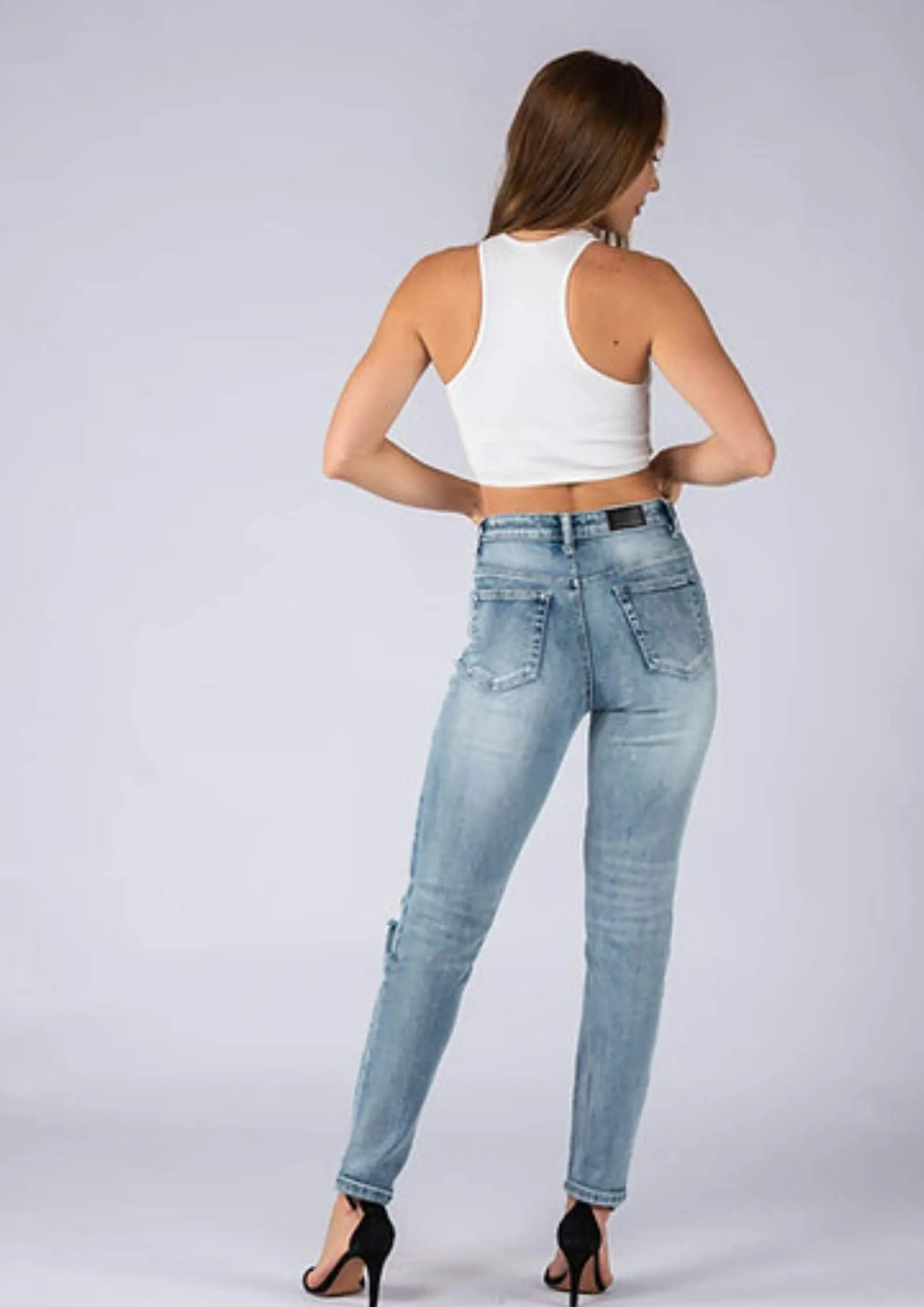 High Waisted Mum Jeans in Distressed Blue by Wakee Full Length