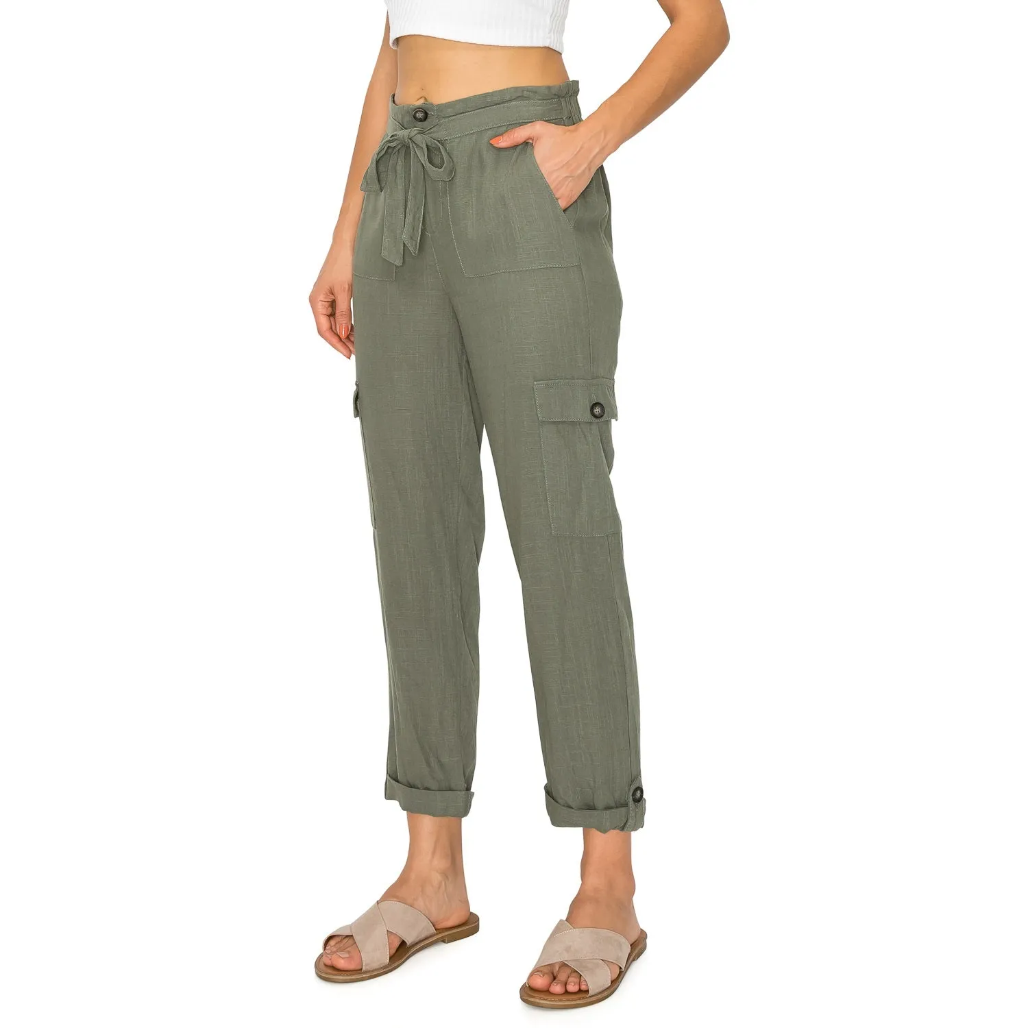 High-Waisted Tie Belt Linen Cargo Pants
