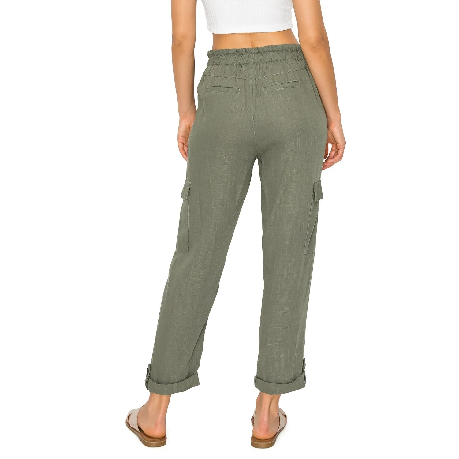 High-Waisted Tie Belt Linen Cargo Pants