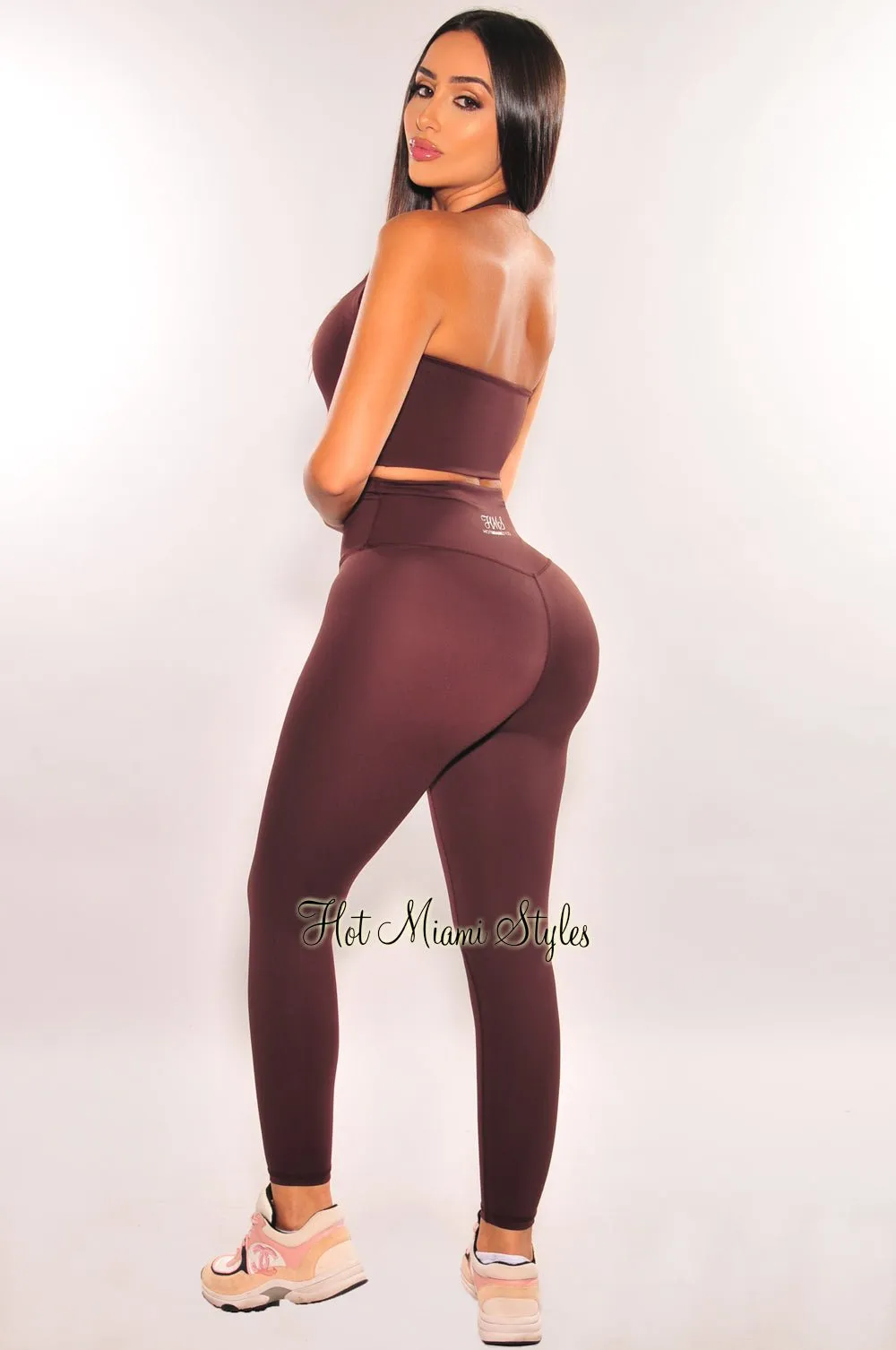HMS Fit: Chocolate Halter Padded Leggings Two Piece Set