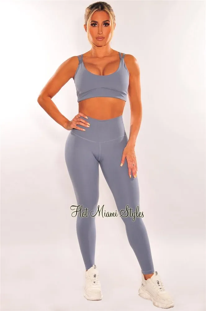 HMS Fit: Dusty Blue Padded Knotted High Waist Butt Lifting Leggings Two Piece Set
