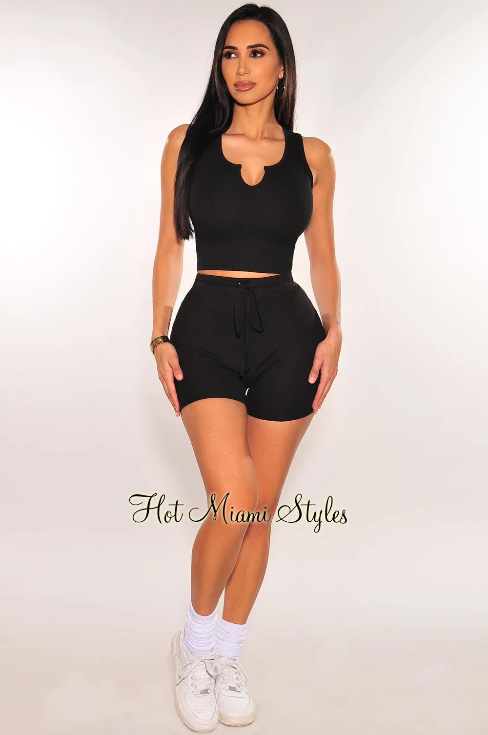HMS Lounge: Black Ribbed Sleeveless Drawstring Biker Shorts Two Piece Set