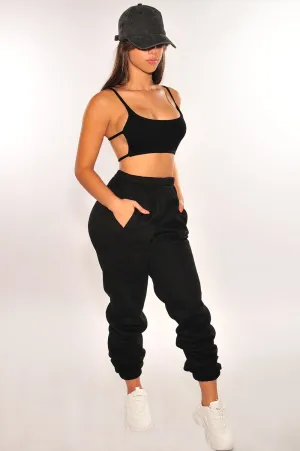 HMS Lounge: Black Ribbed Strappy Back Sweatpants Joggers Two Piece Set