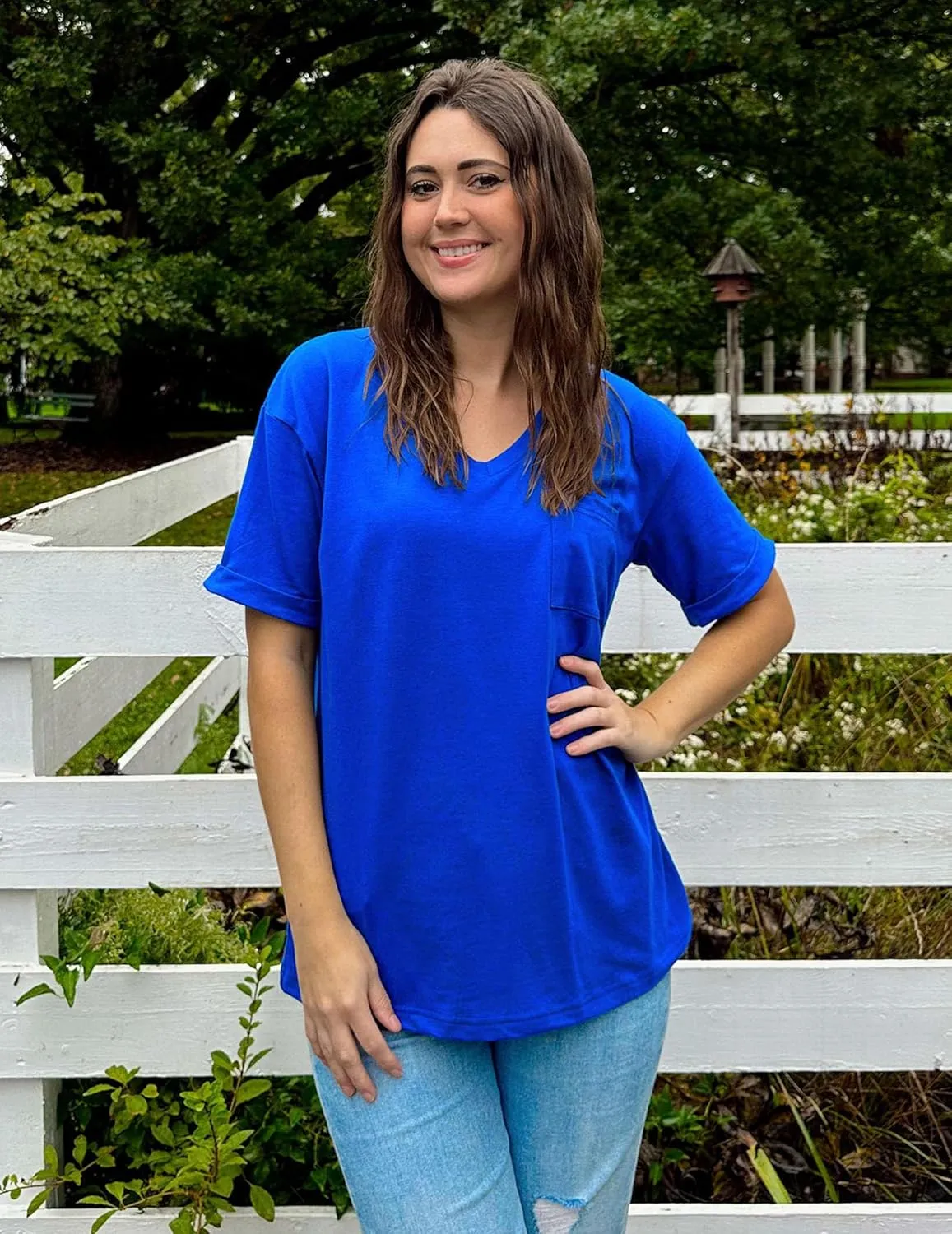 HOTOUCH Women Oversized T Shirts V Neck Short Sleeve Tees Casual Loose Tunic Summer Tops with Pocket