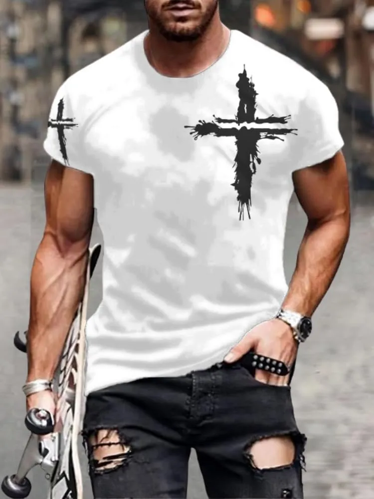 HOTYD Mens Graphic T-Shirts Jesus Cross Vintage Print Casual Faith T-Shirts Summer Short Sleeve Crew Neck Christian Tops