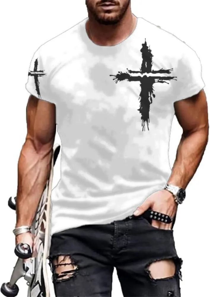 HOTYD Mens Graphic T-Shirts Jesus Cross Vintage Print Casual Faith T-Shirts Summer Short Sleeve Crew Neck Christian Tops