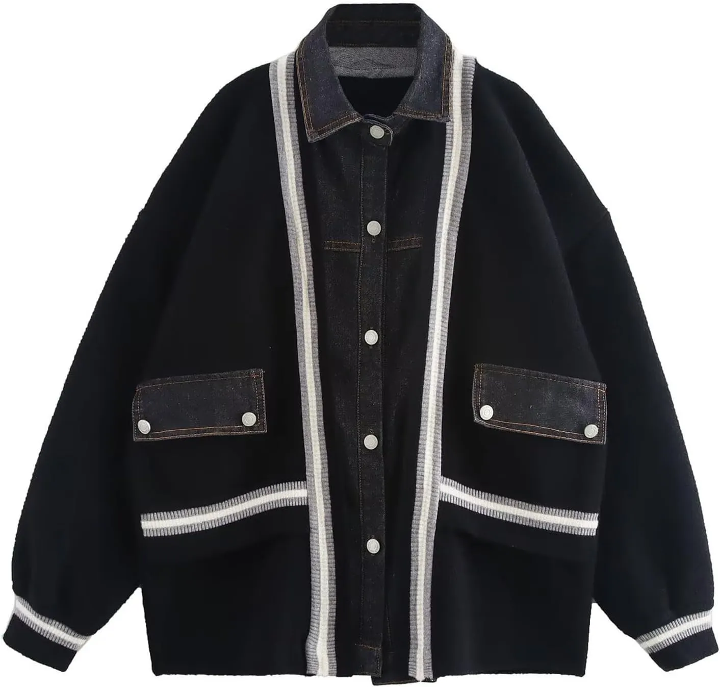 HOULENGS Women's Denim Patchwork Long Sleeve Cardigan Sweater Striped Button Down Knitted Sweater Coat with Pockets