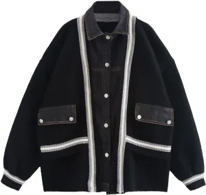 HOULENGS Women's Denim Patchwork Long Sleeve Cardigan Sweater Striped Button Down Knitted Sweater Coat with Pockets