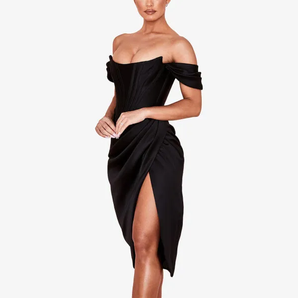House Of Cb Loretta Off Shoulder Satin Midi Dress, Black