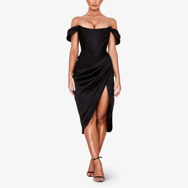 House Of Cb Loretta Off Shoulder Satin Midi Dress, Black