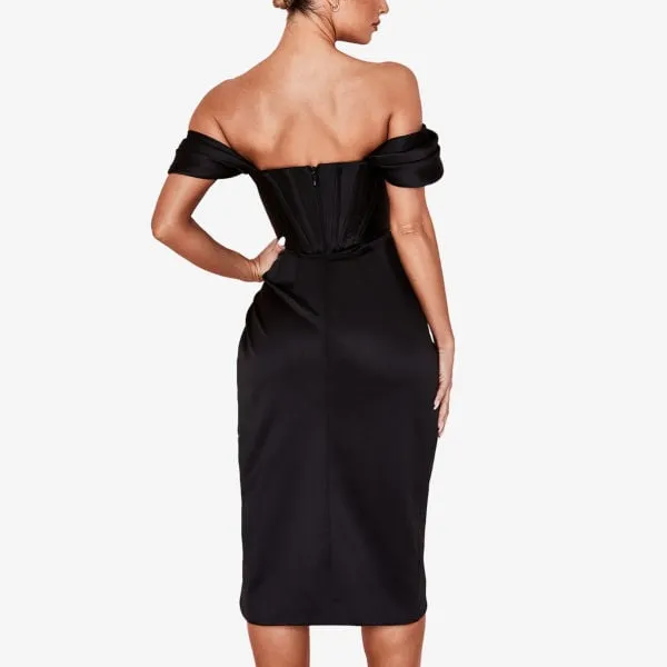 House Of Cb Loretta Off Shoulder Satin Midi Dress, Black