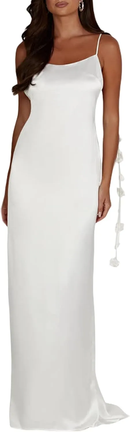 HYxwrjoker Y2K Floral Print Spaghetti Strap Bodycon Maxi Dress for Women Cutout Long Dress Sexy Backless Summer