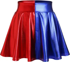 IMEKIS Women's Shiny Flared Pleated Mini Skater Skirt Metallic Halloween Cosplay Costume Sparkle Skirts