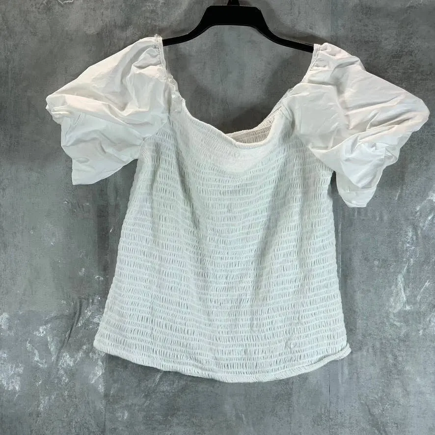 INC INTERNATIONAL CONCEPTS Women's Washed White Smocked Puff-Sleeve Top SZ XL