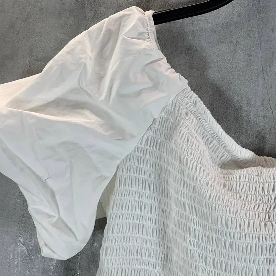 INC INTERNATIONAL CONCEPTS Women's Washed White Smocked Puff-Sleeve Top SZ XL