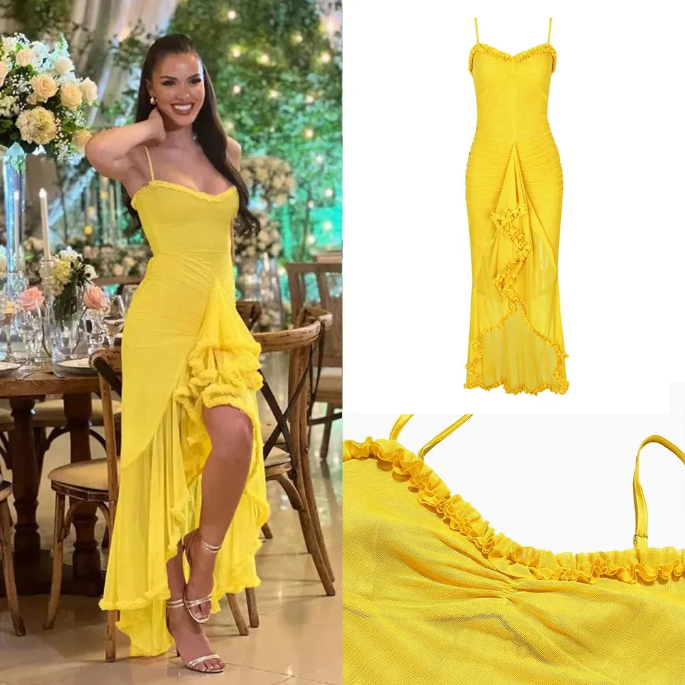 Irregular Mesh Party Dresses New Arrivals Spaghetti Strap Bodycon Dress Fashion Ruched Long Dress Women
