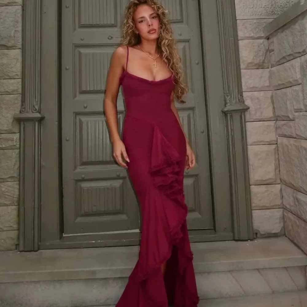 Irregular Mesh Party Dresses New Arrivals Spaghetti Strap Bodycon Dress Fashion Ruched Long Dress Women
