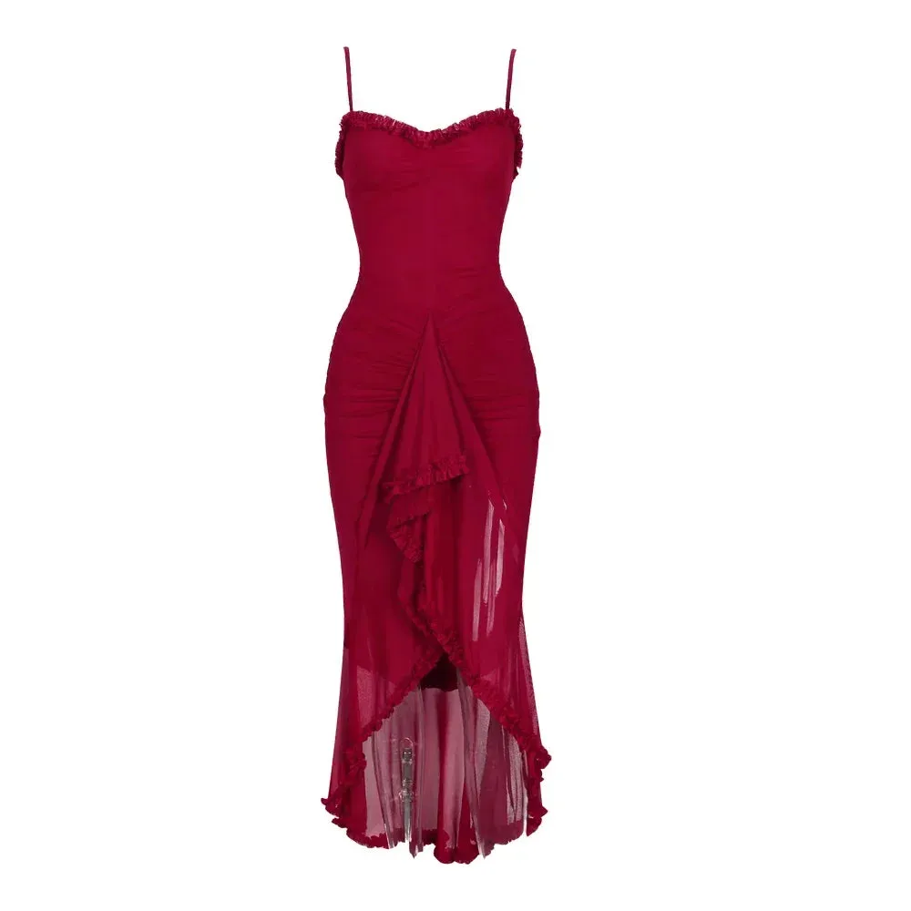 Irregular Mesh Party Dresses New Arrivals Spaghetti Strap Bodycon Dress Fashion Ruched Long Dress Women