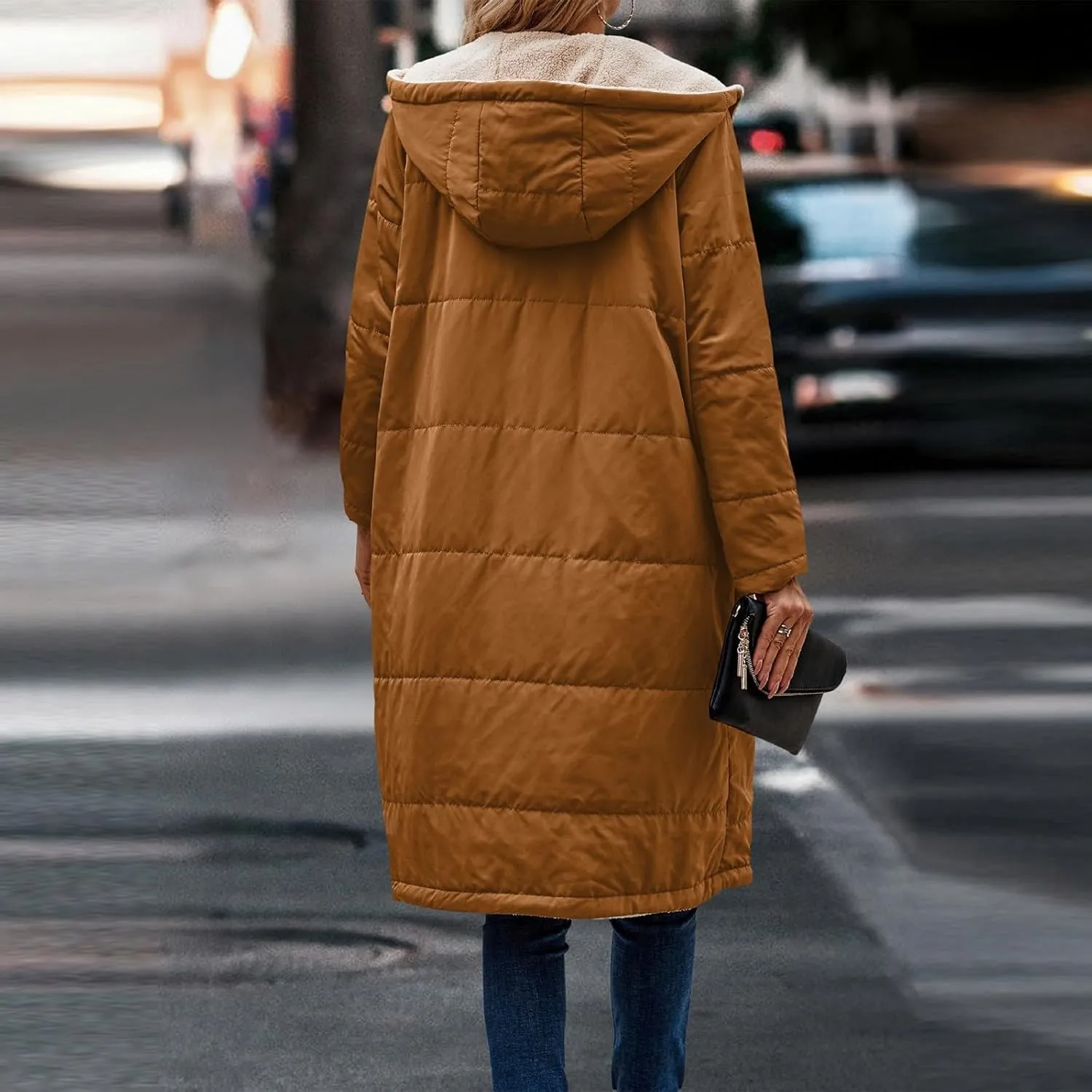 Jackets for Women Fashion Reversible Puffer Coats Oversized Sherpa Fleece Zip Hoodie Winter Warm Coat with Pockets