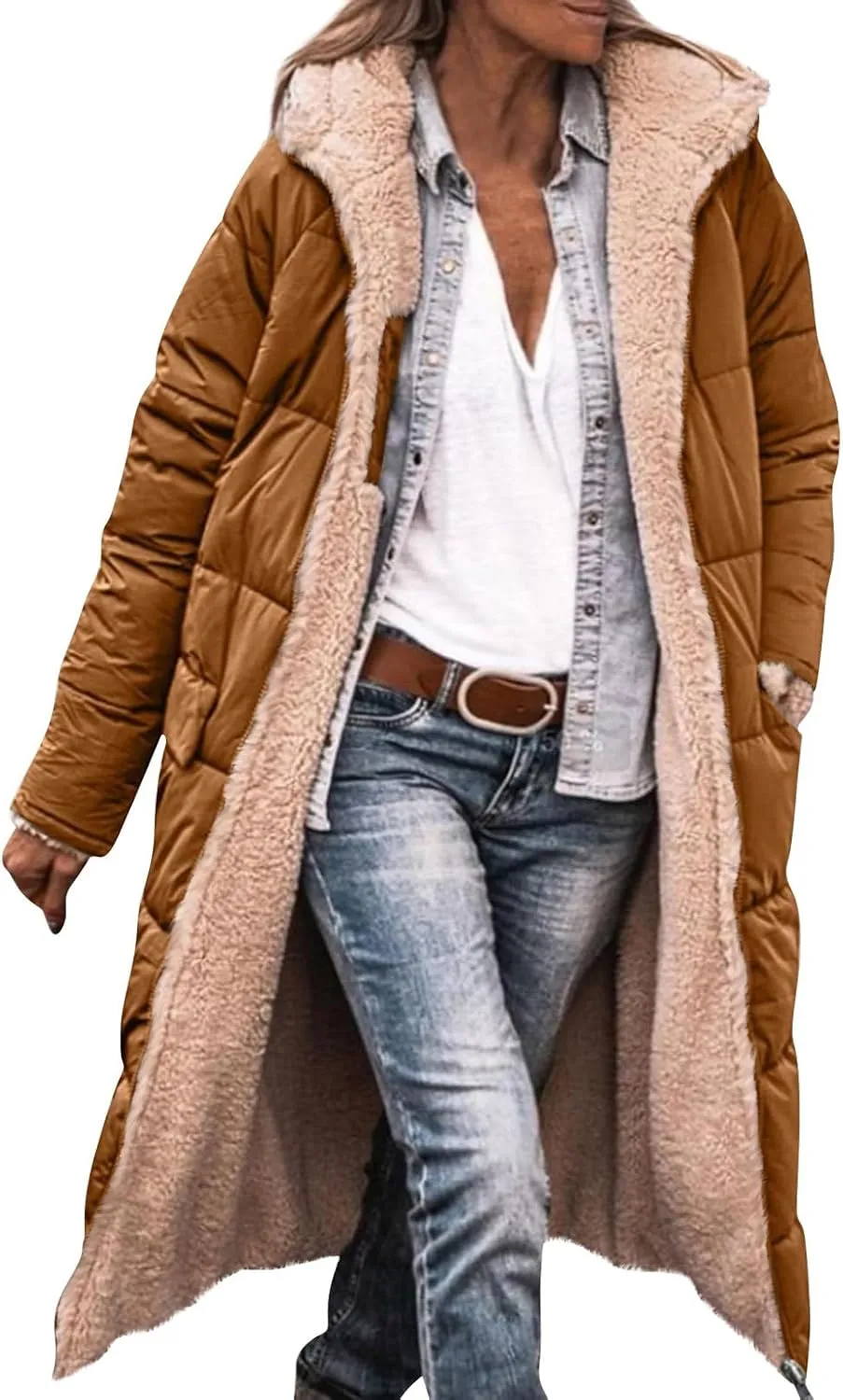 Jackets for Women Fashion Reversible Puffer Coats Oversized Sherpa Fleece Zip Hoodie Winter Warm Coat with Pockets