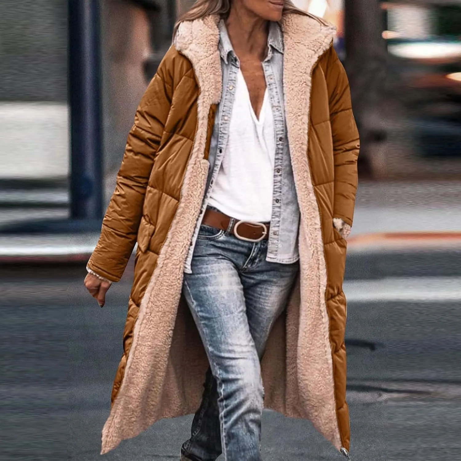 Jackets for Women Fashion Reversible Puffer Coats Oversized Sherpa Fleece Zip Hoodie Winter Warm Coat with Pockets