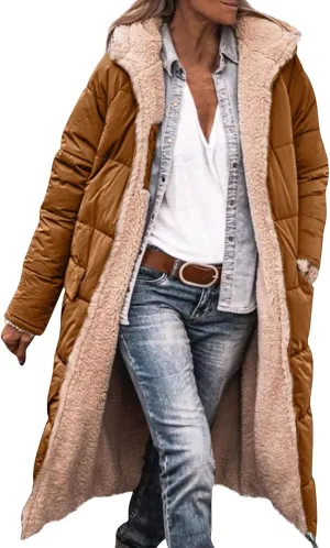 Jackets for Women Fashion Reversible Puffer Coats Oversized Sherpa Fleece Zip Hoodie Winter Warm Coat with Pockets