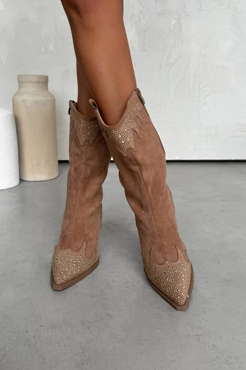 JACKSON Diamanté Detail Cowboy Western Boots - Camel