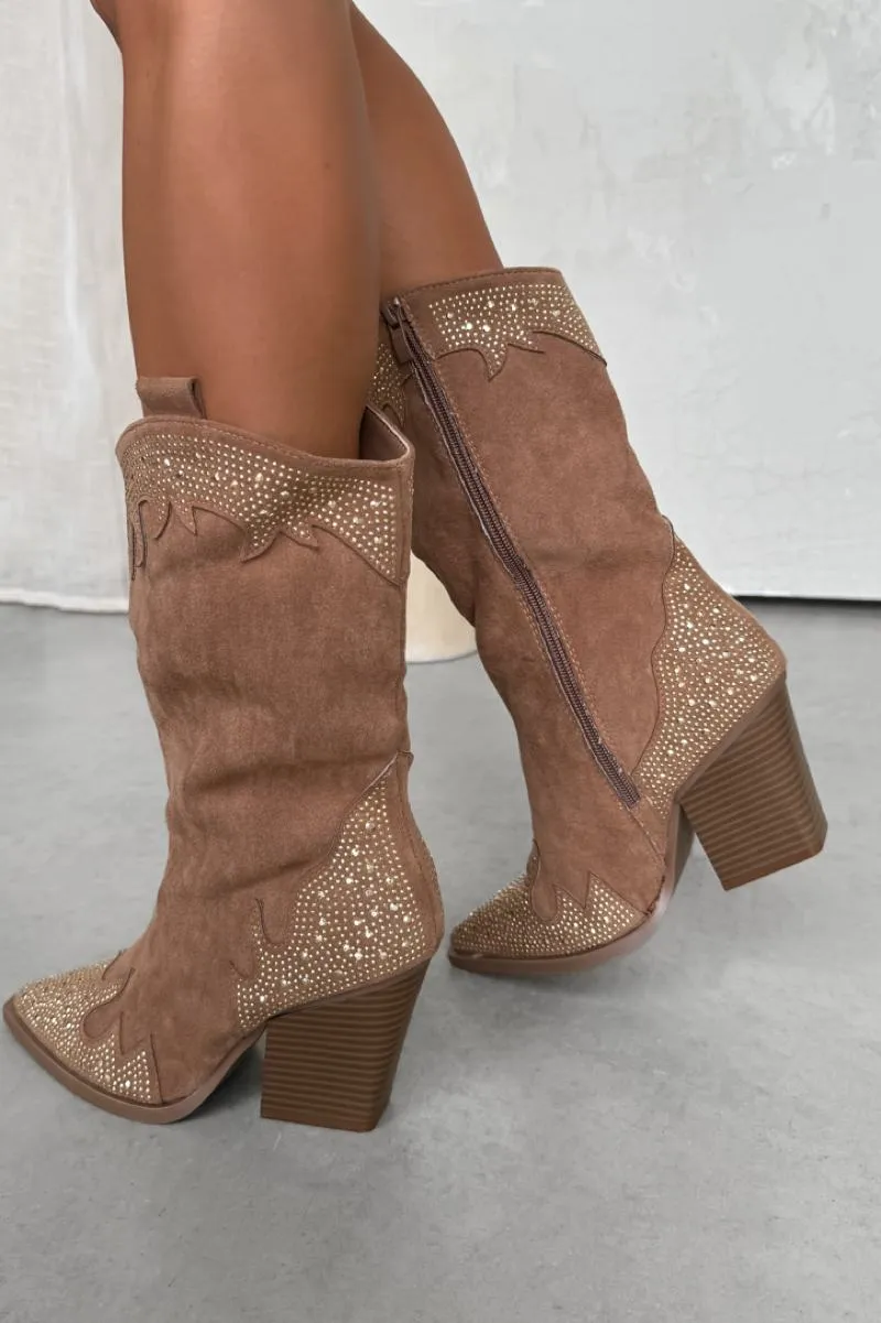 JACKSON Diamanté Detail Cowboy Western Boots - Camel