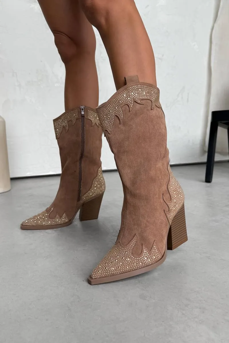 JACKSON Diamanté Detail Cowboy Western Boots - Camel