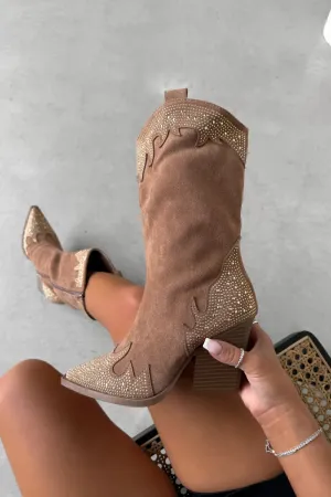 JACKSON Diamanté Detail Cowboy Western Boots - Camel