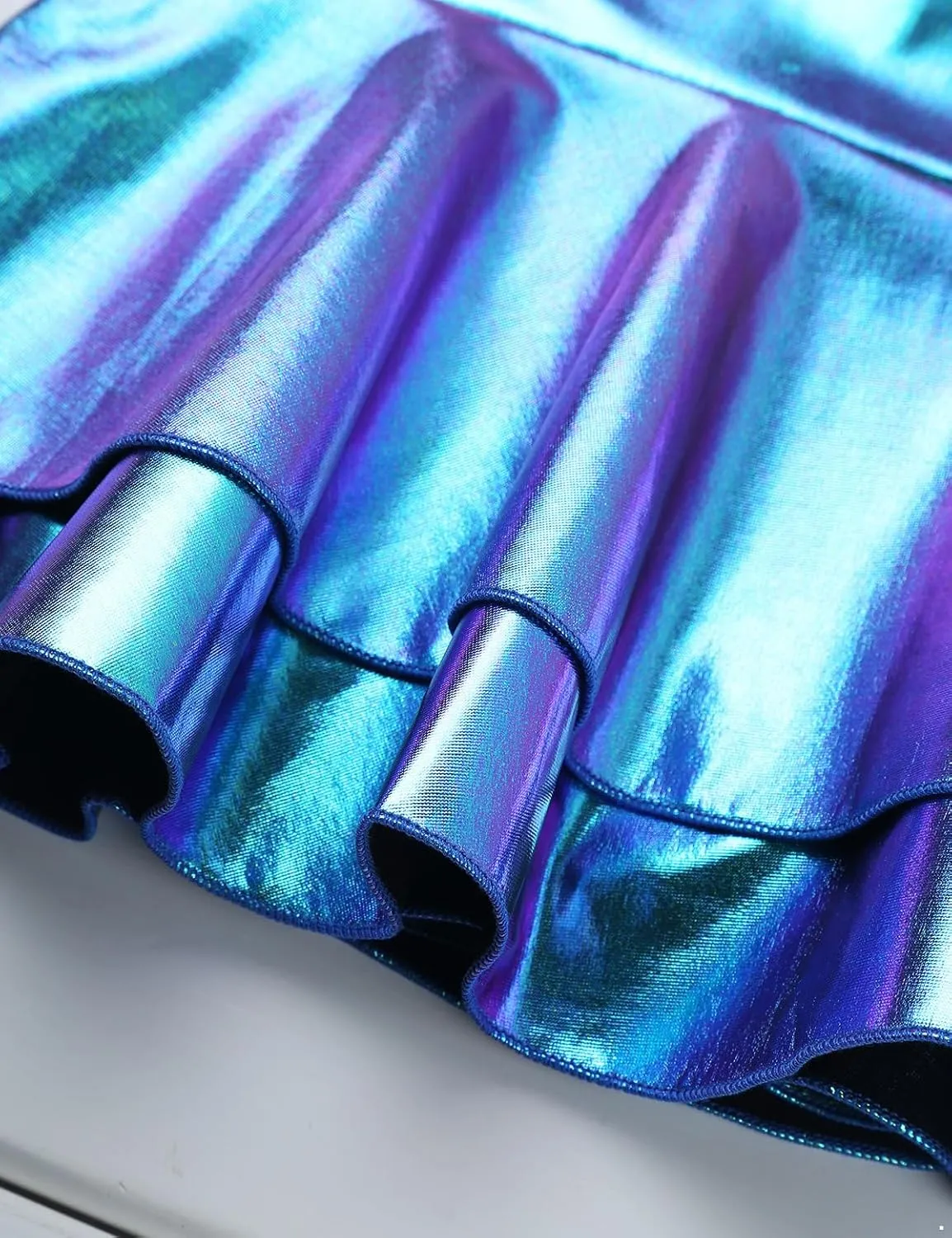 JanJean Women's Shiny Metallic Wet Look Mini Skirt Layered Ruffled Pleated Micro Skirt Rave Clubwear