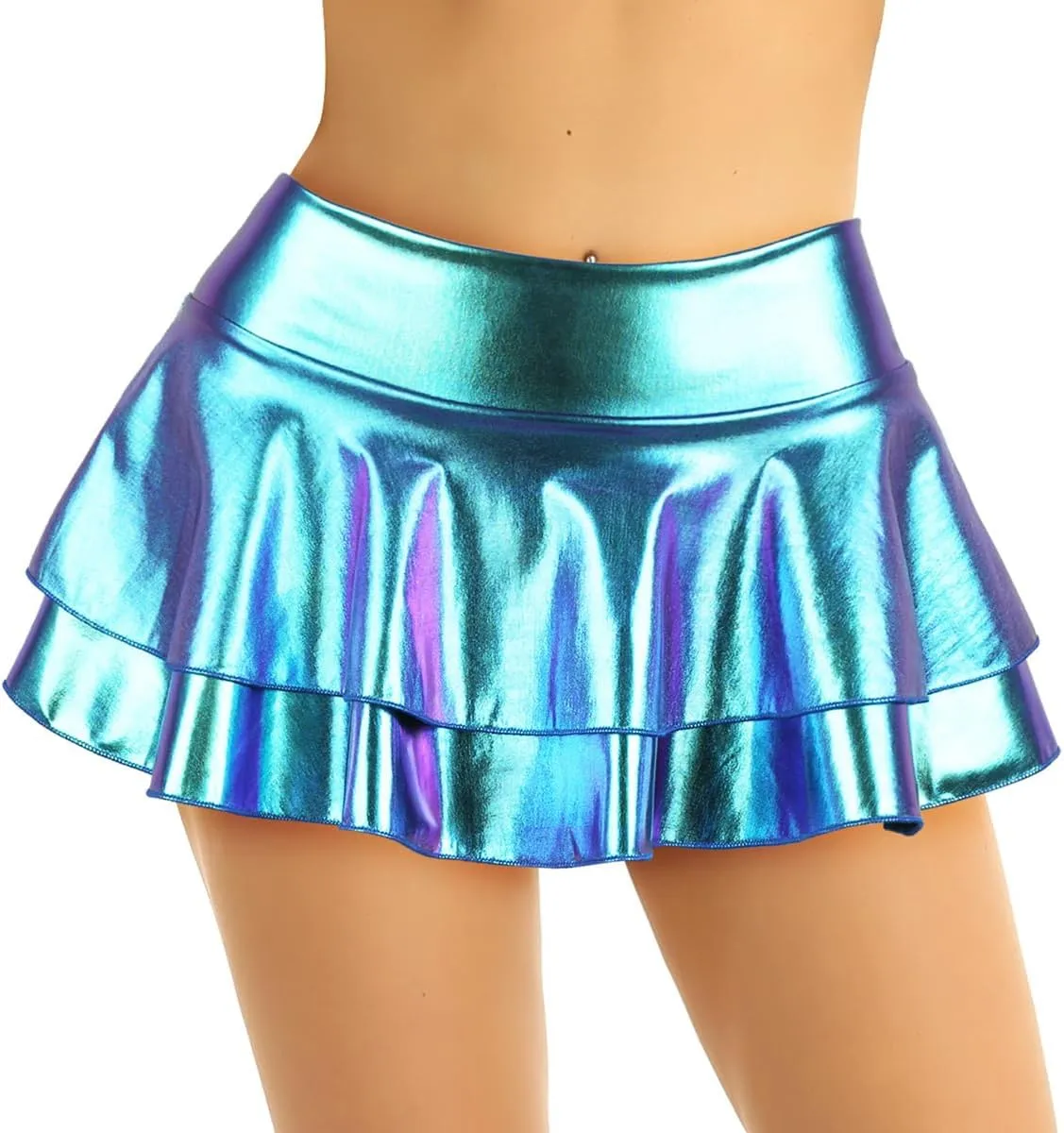 JanJean Women's Shiny Metallic Wet Look Mini Skirt Layered Ruffled Pleated Micro Skirt Rave Clubwear