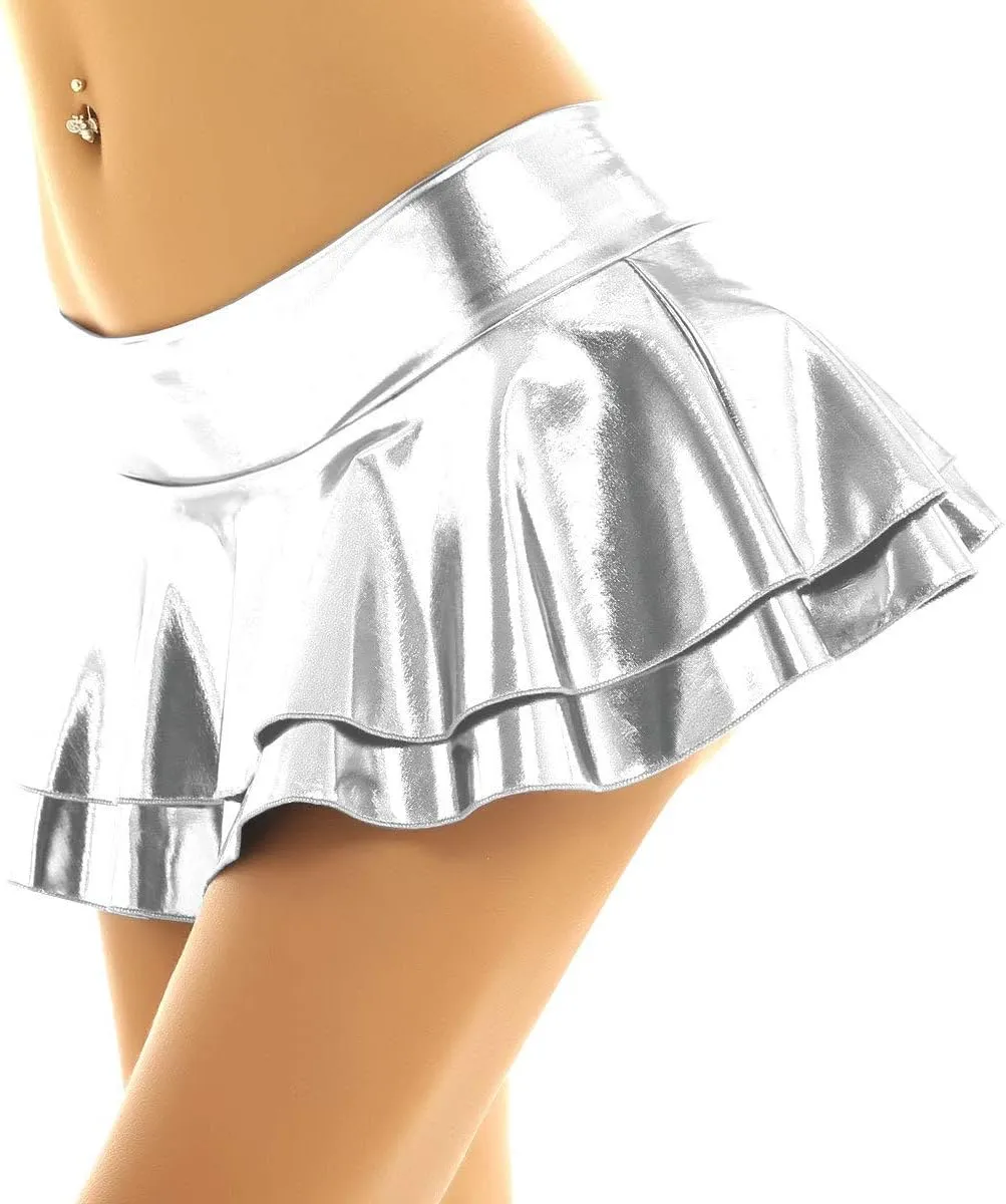 JanJean Women's Shiny Metallic Wet Look Mini Skirt Layered Ruffled Pleated Micro Skirt Rave Clubwear