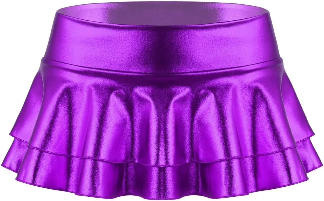 JanJean Women's Shiny Metallic Wet Look Mini Skirt Layered Ruffled Pleated Micro Skirt Rave Clubwear