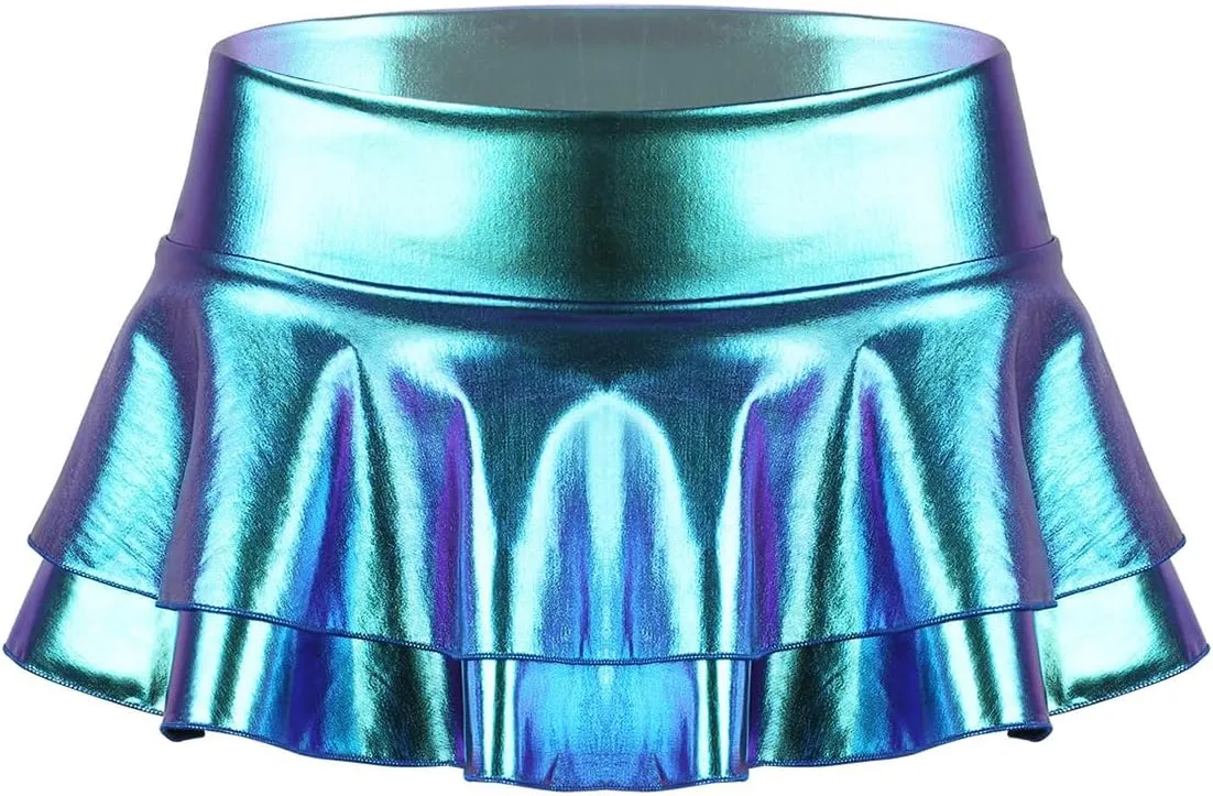 JanJean Women's Shiny Metallic Wet Look Mini Skirt Layered Ruffled Pleated Micro Skirt Rave Clubwear