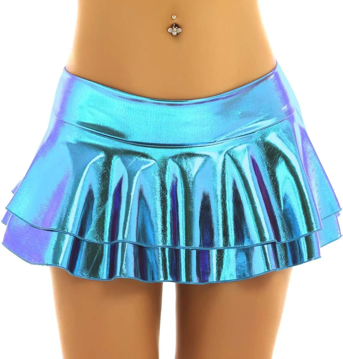 JanJean Women's Shiny Metallic Wet Look Mini Skirt Layered Ruffled Pleated Micro Skirt Rave Clubwear