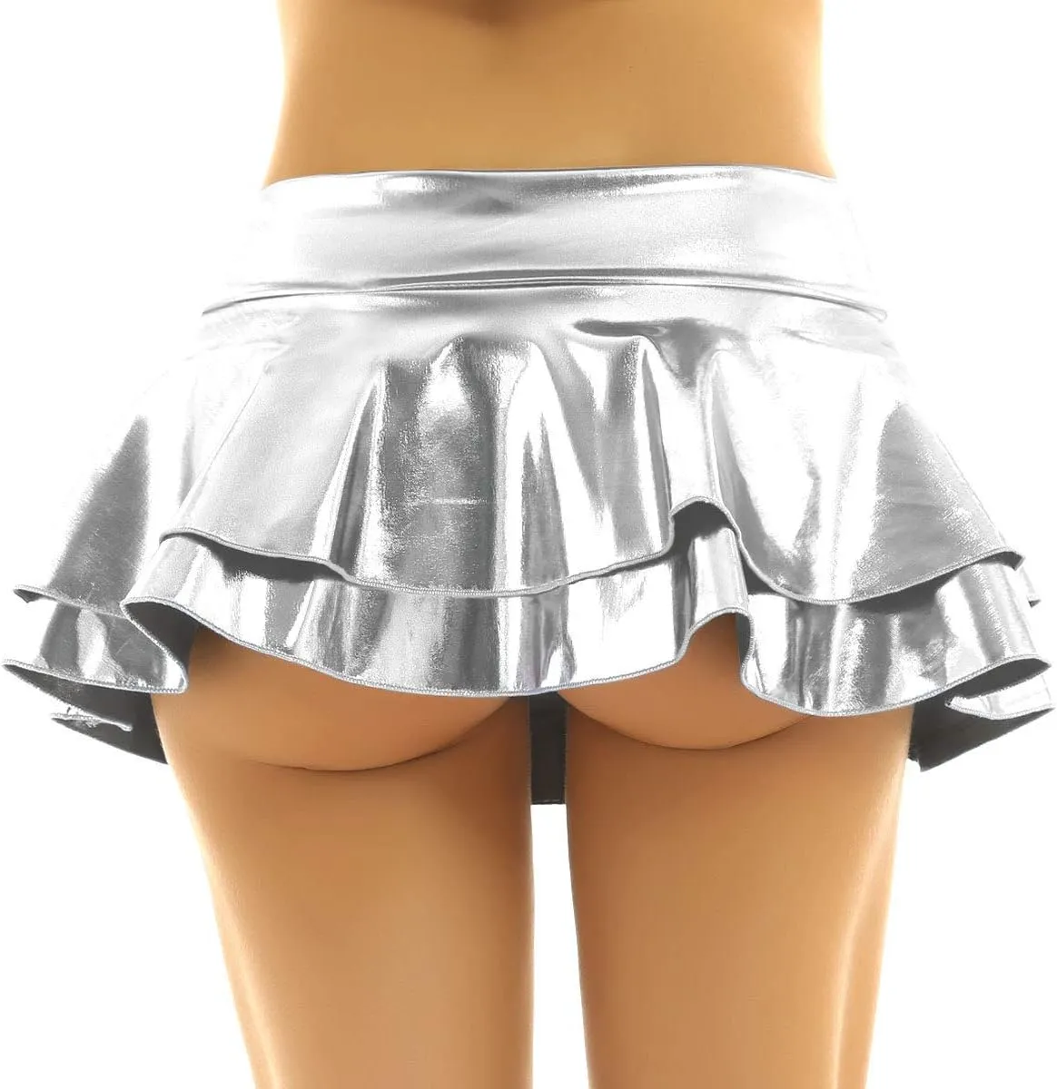 JanJean Women's Shiny Metallic Wet Look Mini Skirt Layered Ruffled Pleated Micro Skirt Rave Clubwear
