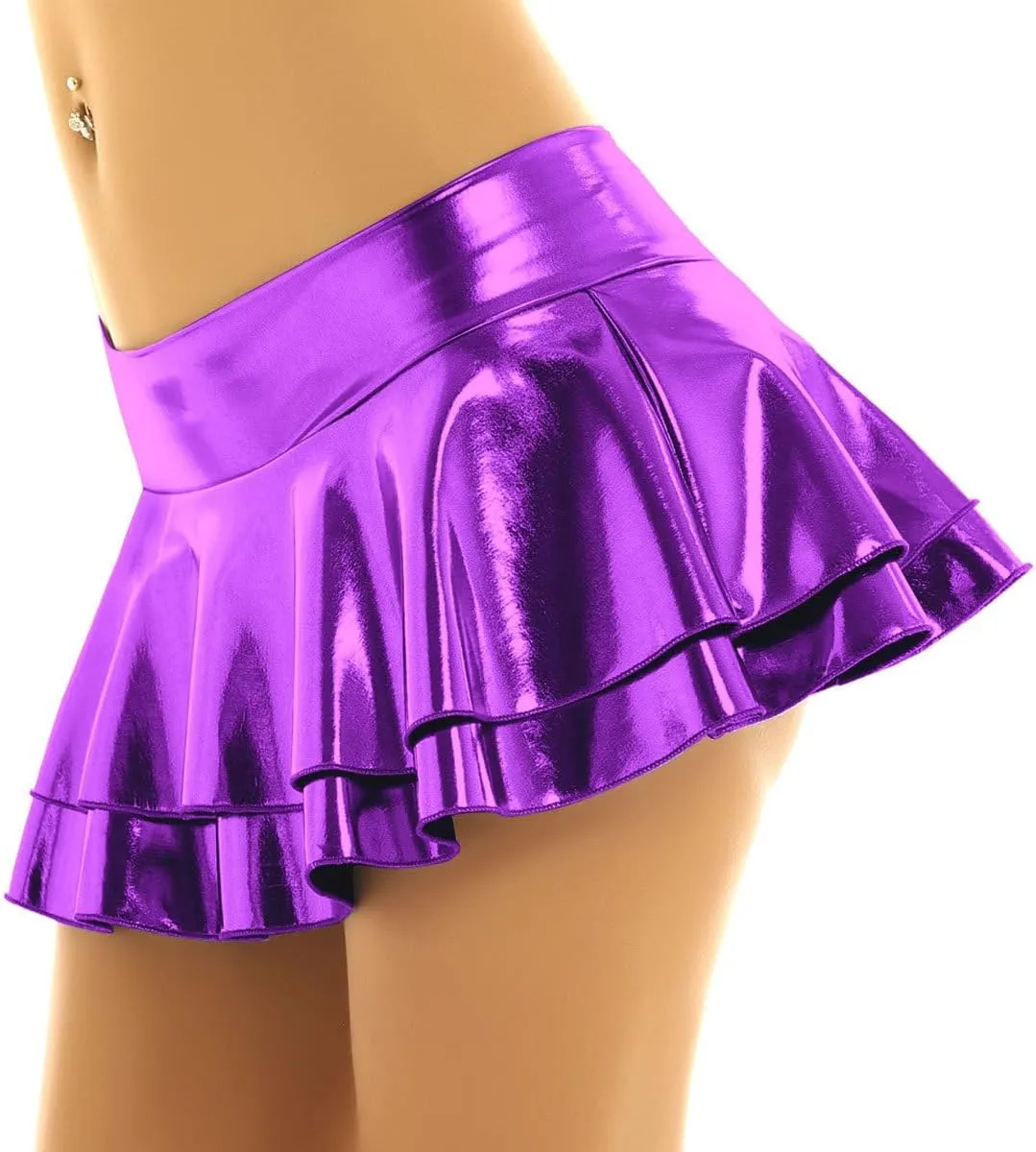 JanJean Women's Shiny Metallic Wet Look Mini Skirt Layered Ruffled Pleated Micro Skirt Rave Clubwear