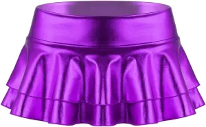 JanJean Women's Shiny Metallic Wet Look Mini Skirt Layered Ruffled Pleated Micro Skirt Rave Clubwear