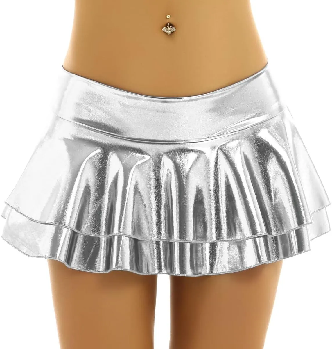 JanJean Women's Shiny Metallic Wet Look Mini Skirt Layered Ruffled Pleated Micro Skirt Rave Clubwear