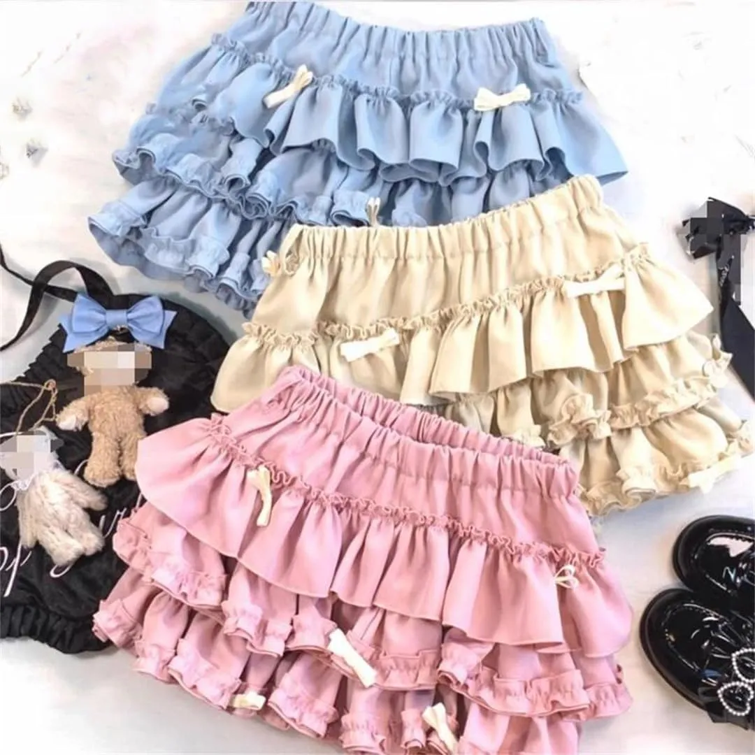 Japanese Bow Ruffle Mini Skirt Elastic Waist Puffy Pleated Mini Skirt Cake Skirt