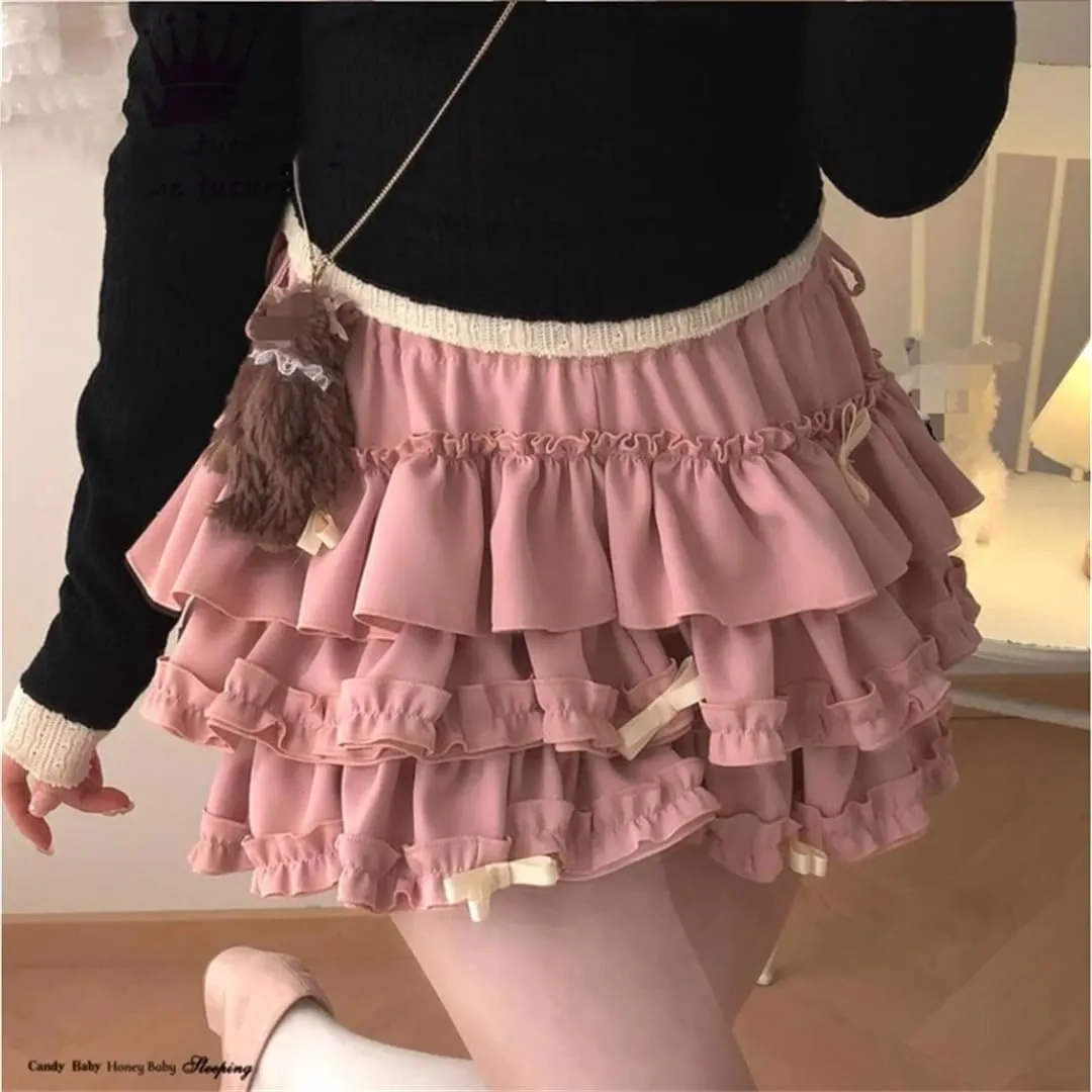 Japanese Bow Ruffle Mini Skirt Elastic Waist Puffy Pleated Mini Skirt Cake Skirt