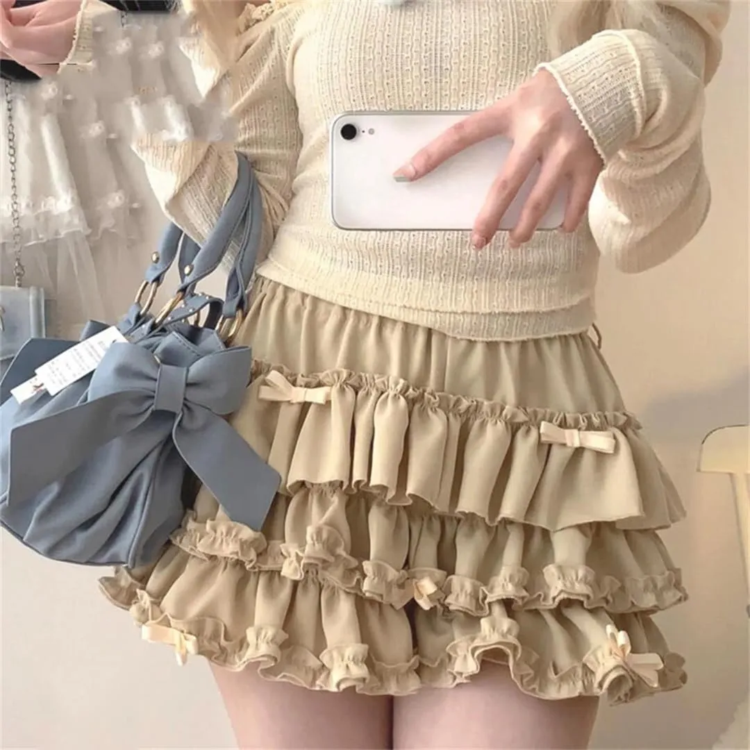 Japanese Bow Ruffle Mini Skirt Elastic Waist Puffy Pleated Mini Skirt Cake Skirt