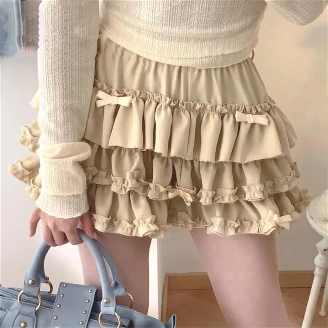 Japanese Bow Ruffle Mini Skirt Elastic Waist Puffy Pleated Mini Skirt Cake Skirt