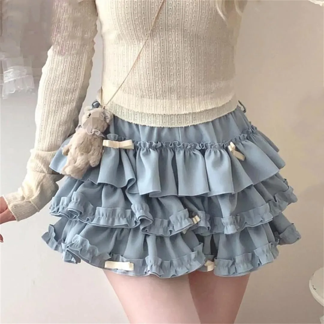 Japanese Bow Ruffle Mini Skirt Elastic Waist Puffy Pleated Mini Skirt Cake Skirt