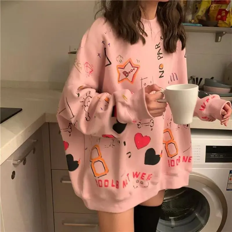 Joskaa Christmas Gift Woman Cartoon O-Neck Sweatshirt Spring and Autumn Casual Loose Hoodie Harajuku Korean Graffiti Printing Streetwear Pullover Tops